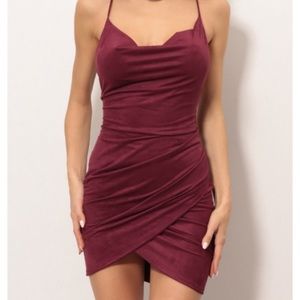 suede cowl neck burgundy dress